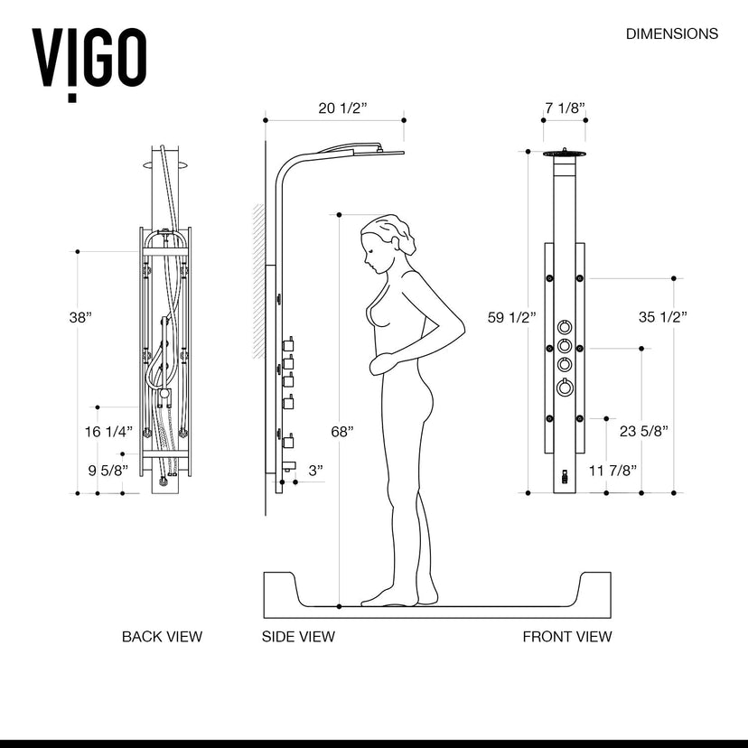 Rectangular shower panel with stainless steel finish, dual function controls, and corrosion resistance
