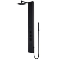 Matte black rectangular shower panel with thermostatic control and body jets