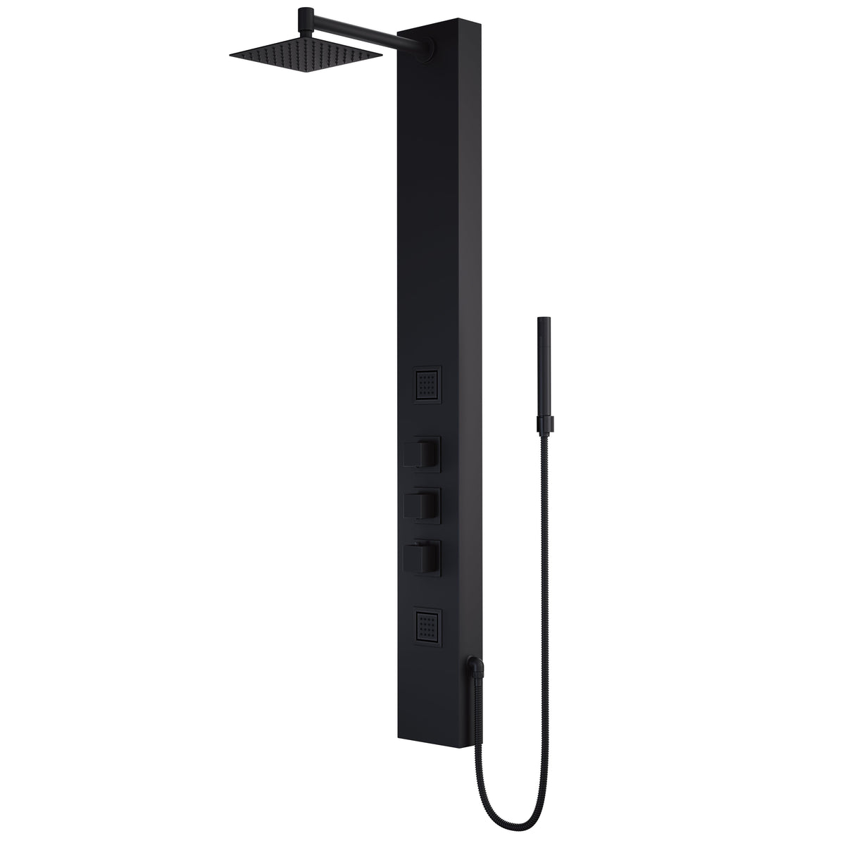 Matte black rectangular shower panel with thermostatic control and body jets