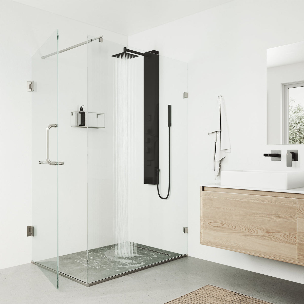Thermostatic shower panel with brass hardware and scald guard safety