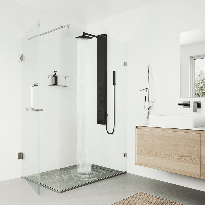 Thermostatic shower panel with brass hardware and scald guard safety