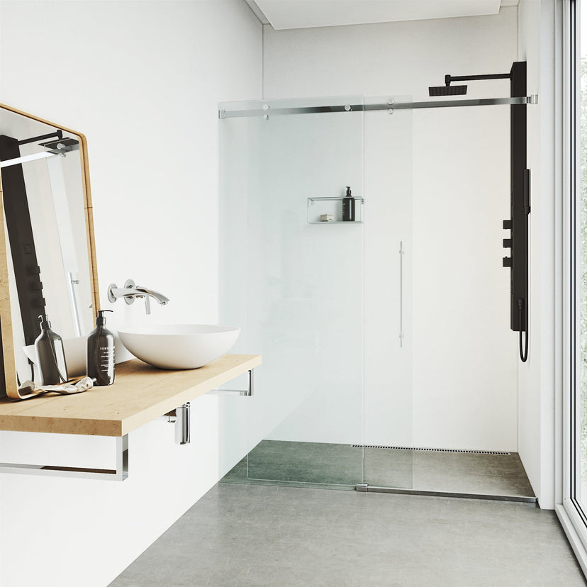 Aluminum shower panel featuring dual function controls and easy install design