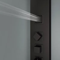 Stainless steel shower head on matte black panel with corrosion resistant finish