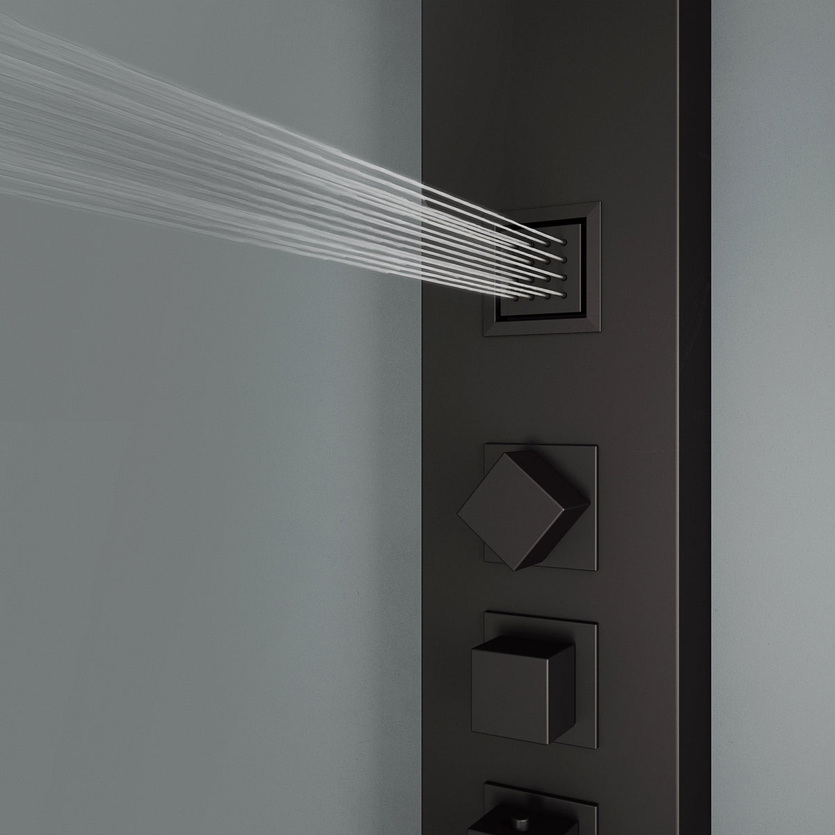 Stainless steel shower head on matte black panel with corrosion resistant finish