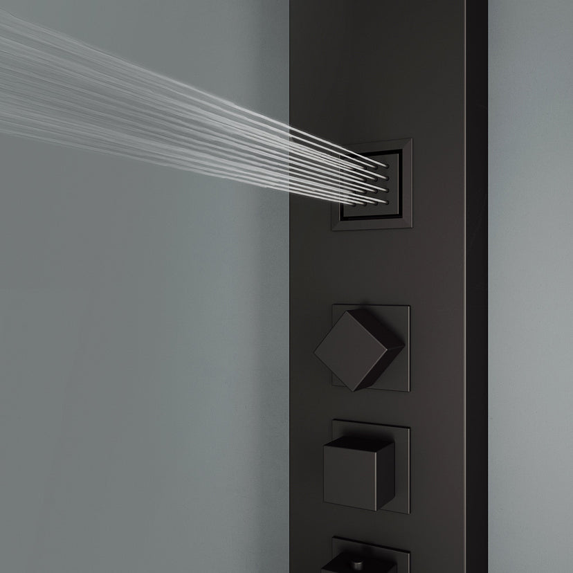 Stainless steel shower head on matte black panel with corrosion resistant finish