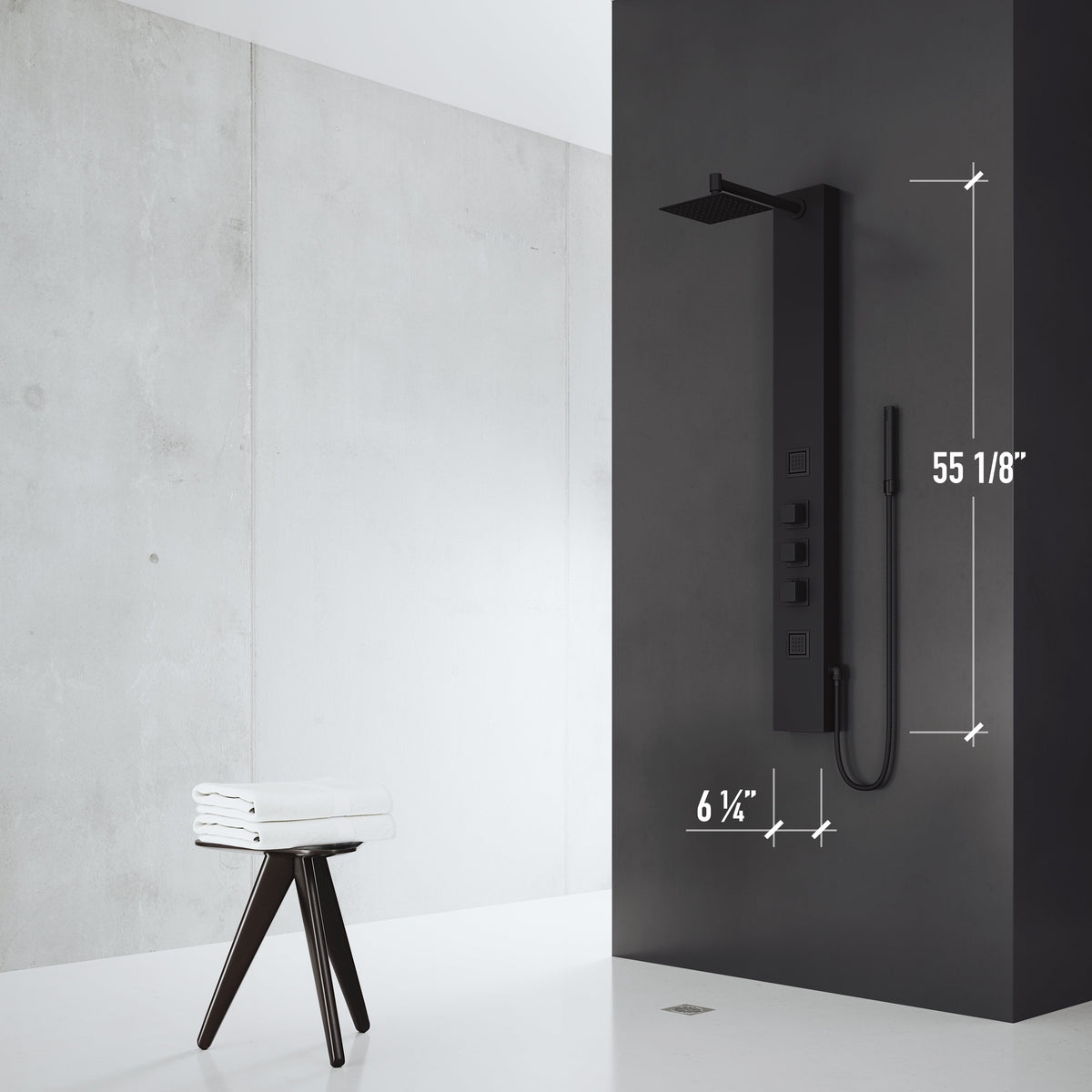 Contemporary shower panel with thermostatic valve and flexible connection