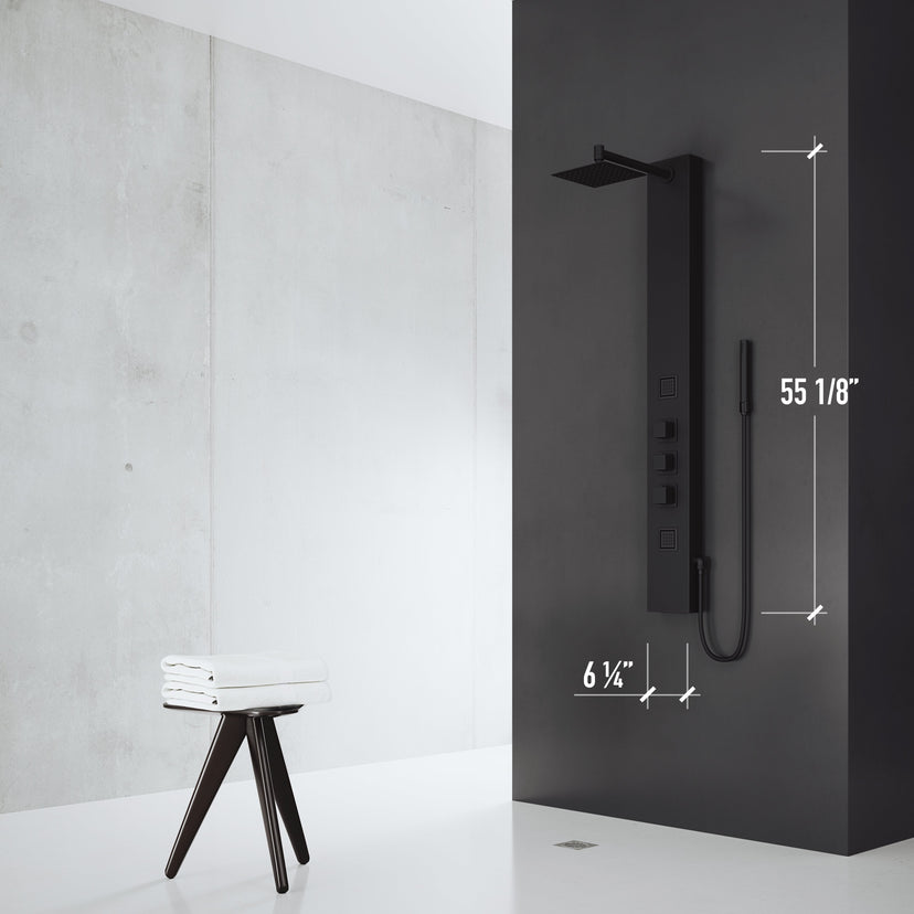 Contemporary shower panel with thermostatic valve and flexible connection