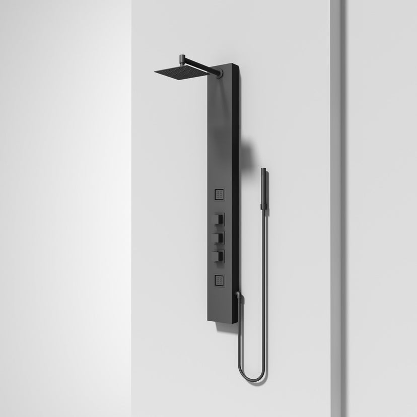 Wall-mounted shower with matte black finish and included hand shower
