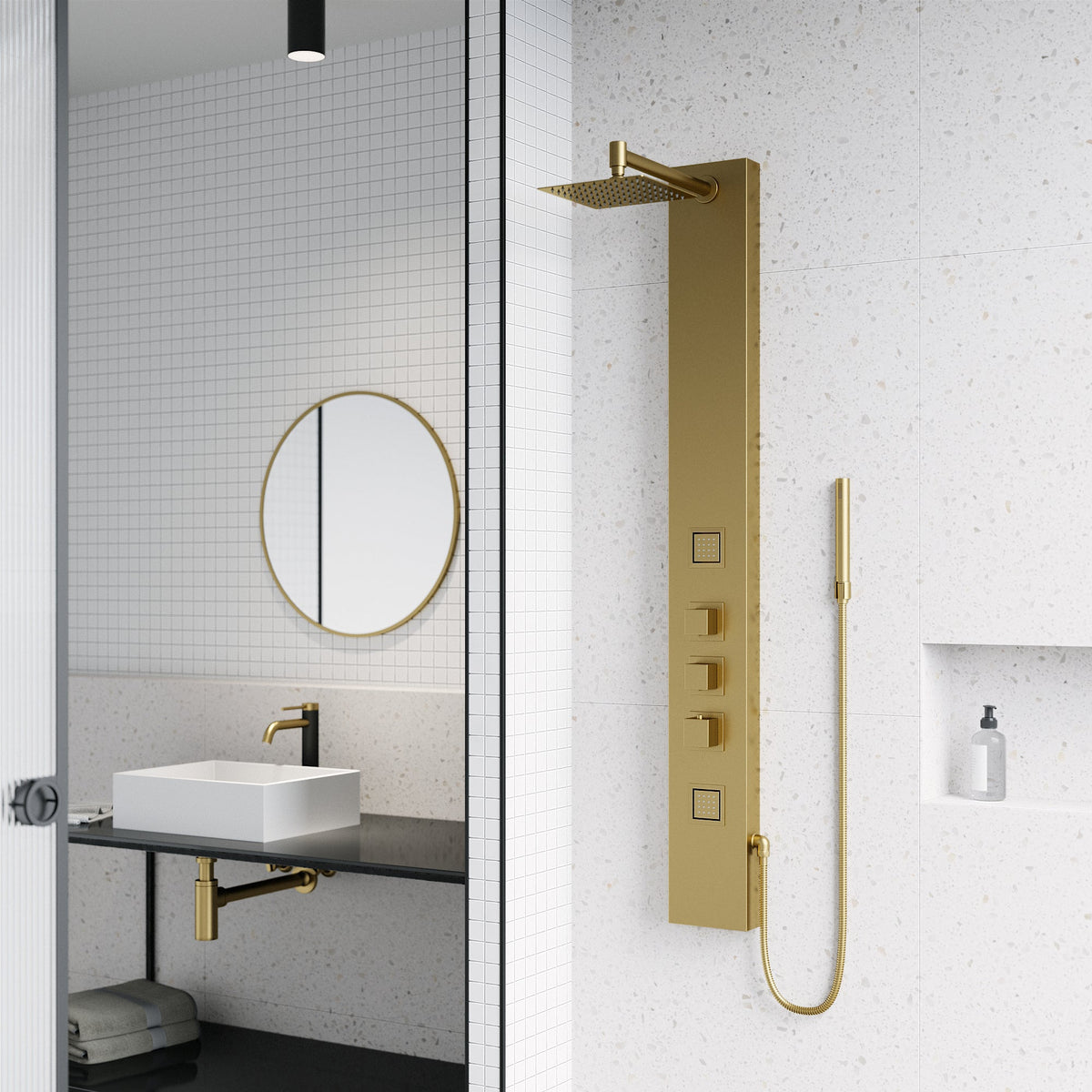 Matte brushed gold shower panel with thermostatic control and body jets