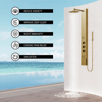 Modern shower panel with stainless steel square head and brushed gold finish