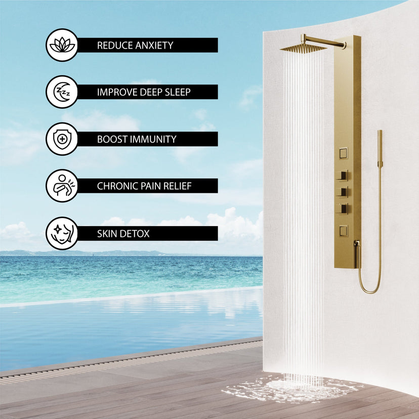Modern shower panel with stainless steel square head and brushed gold finish
