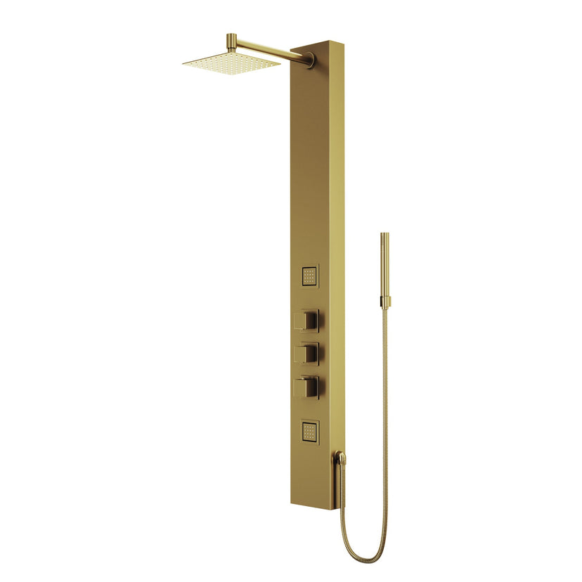 Thermostatic shower panel with brass hardware and scald guard safety