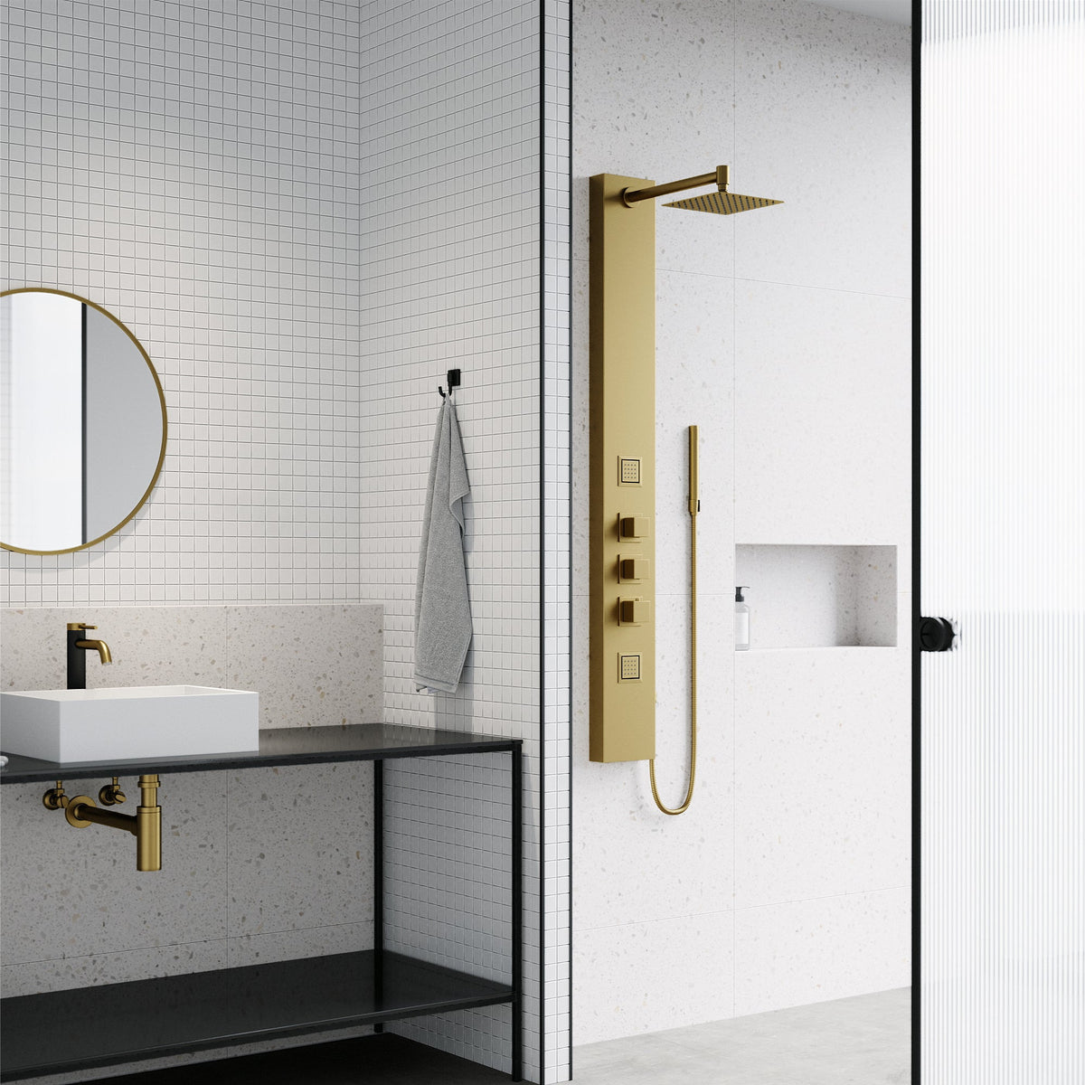 Aluminum shower panel featuring dual function controls and easy install design