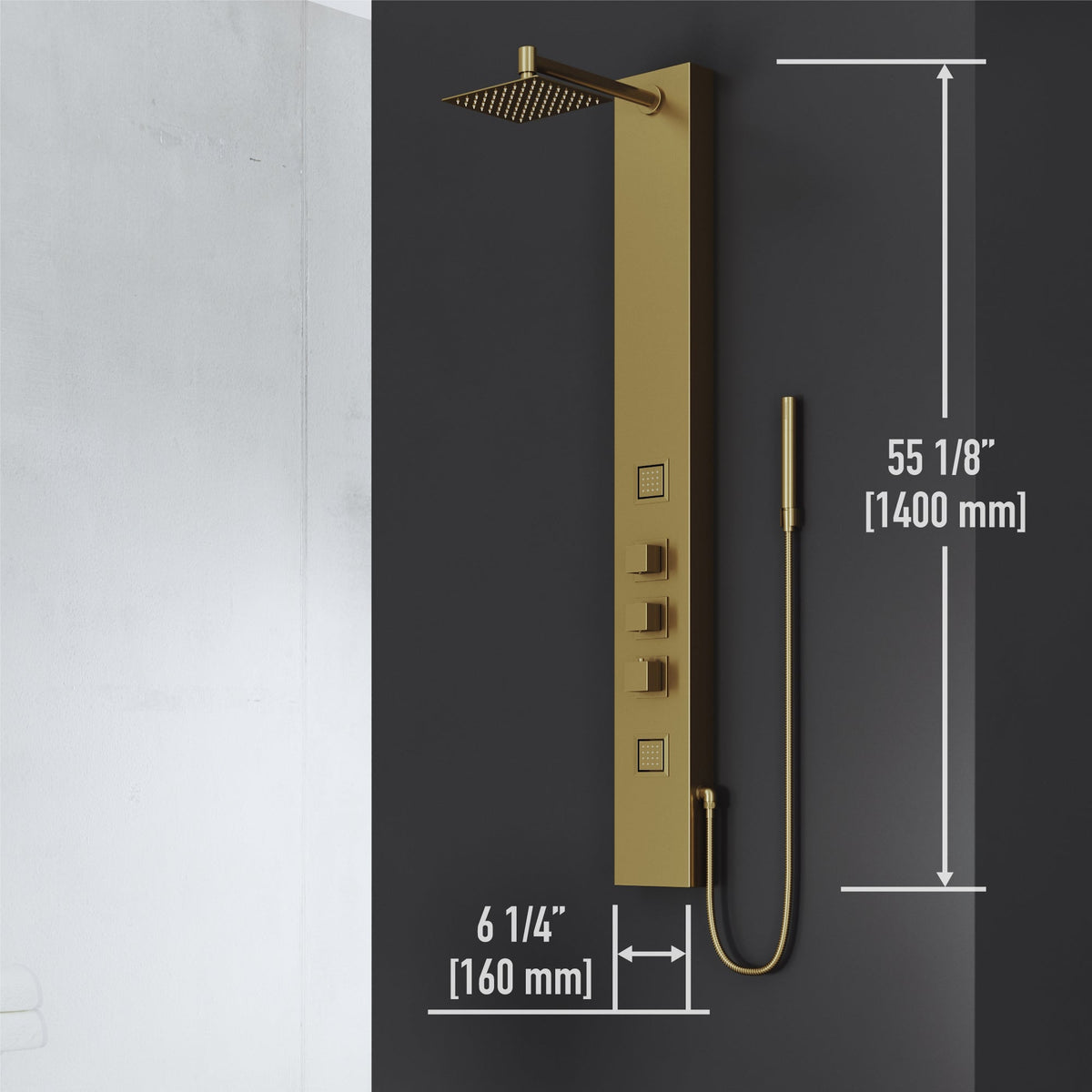 Rectangular shower unit with square head, body spray, and top handle diverter