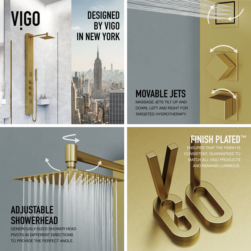 Stainless steel shower head on brushed gold panel with corrosion resistant finish