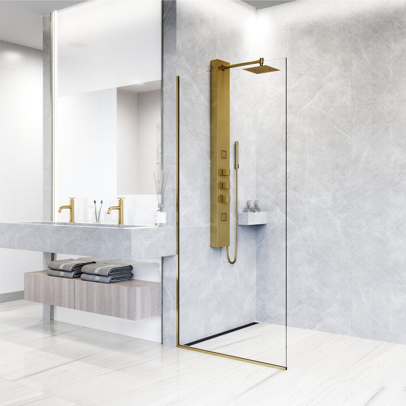 Wall-mounted shower with brushed gold finish and included hand shower