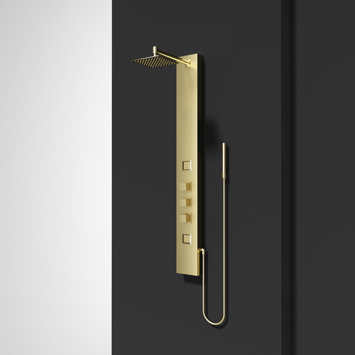 Modern rectangular shower panel with thermostatic control and body jets