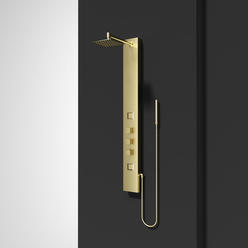 Modern rectangular shower panel with thermostatic control and body jets