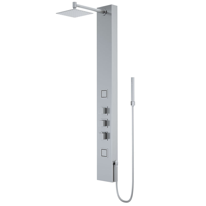 Stainless steel shower panel with thermostatic control and body jets