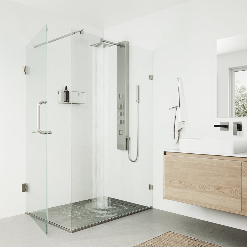 Thermostatic shower panel with brass hardware and scald guard safety