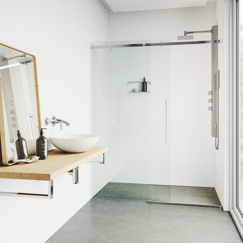 Aluminum shower panel featuring dual function controls and easy install design