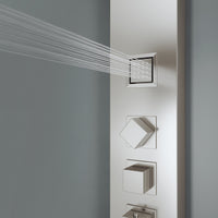 Stainless steel shower head on matching panel with corrosion resistant finish