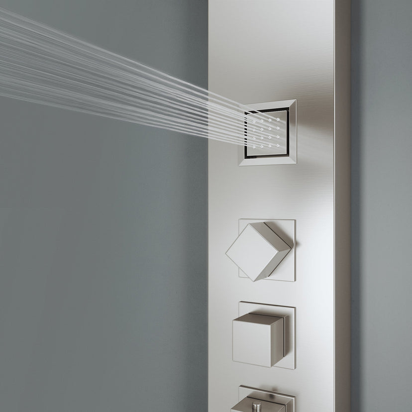 Stainless steel shower head on matching panel with corrosion resistant finish