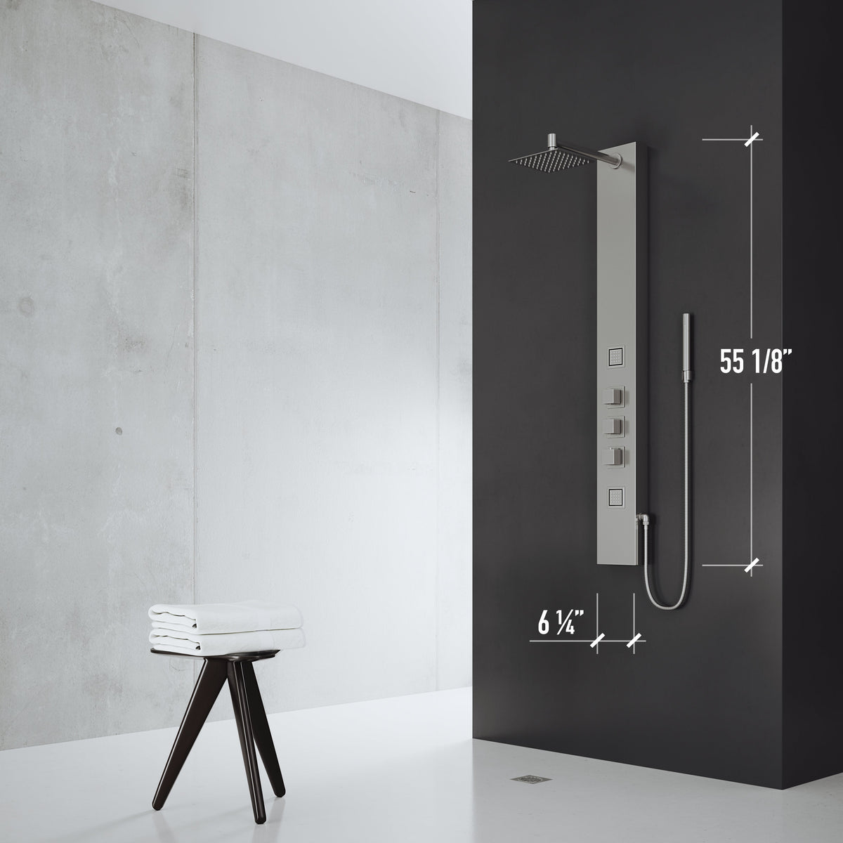 Contemporary shower panel with thermostatic valve and flexible connection