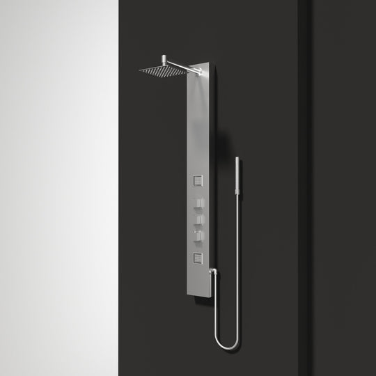 Wall-mounted shower with stainless steel finish and included hand shower