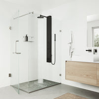 Thermostatic shower panel featuring round stainless steel head and knobs