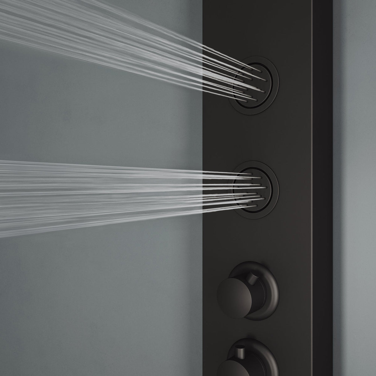 Contemporary shower panel with dual function control and top handle diverter