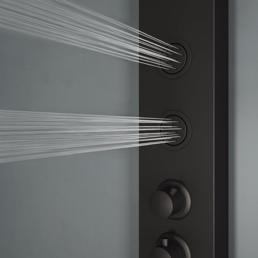 Contemporary shower panel with dual function control and top handle diverter