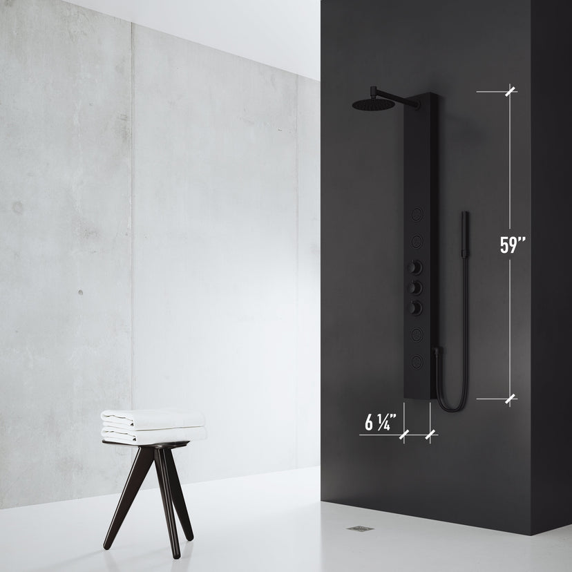 Stainless steel shower head on rectangular panel with matte black finish