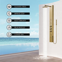 Modern shower panel with stainless steel head and brushed gold finish