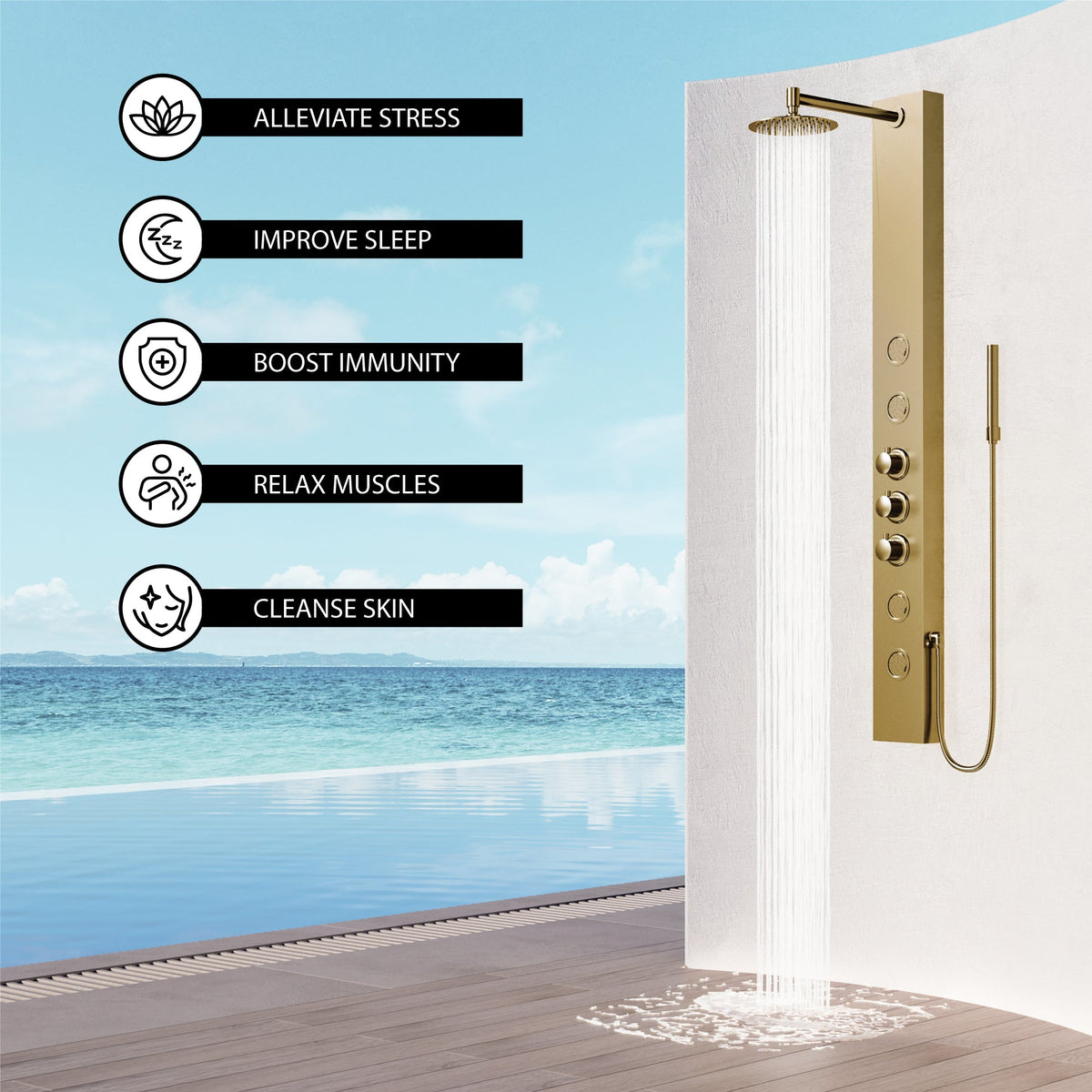 Modern shower panel with stainless steel head and brushed gold finish