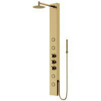Thermostatic shower panel featuring round stainless steel head and knobs