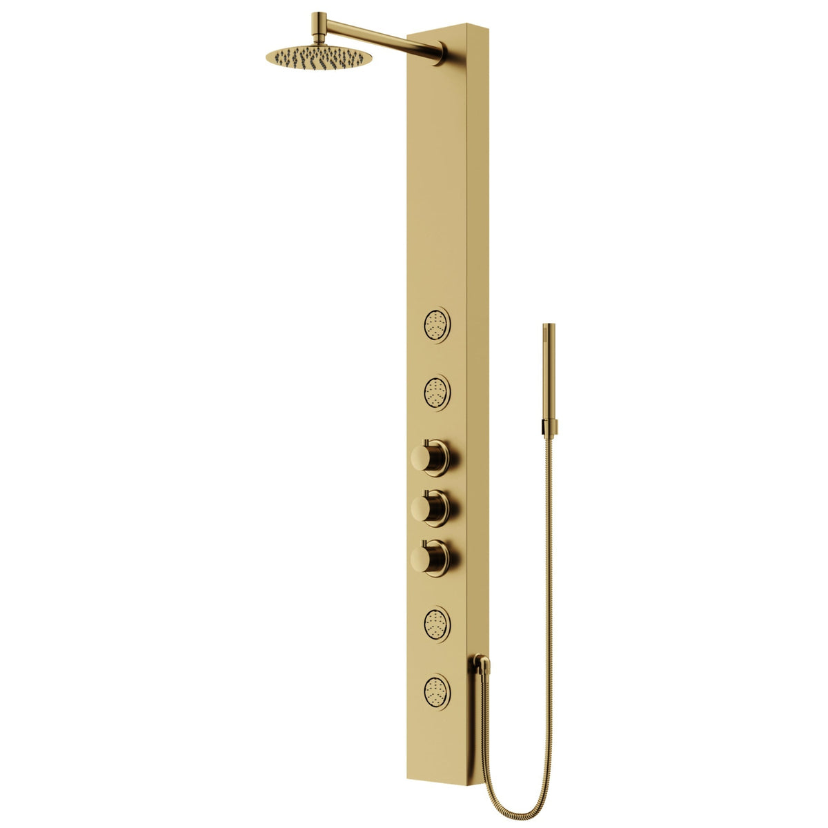 Thermostatic shower panel featuring round stainless steel head and knobs