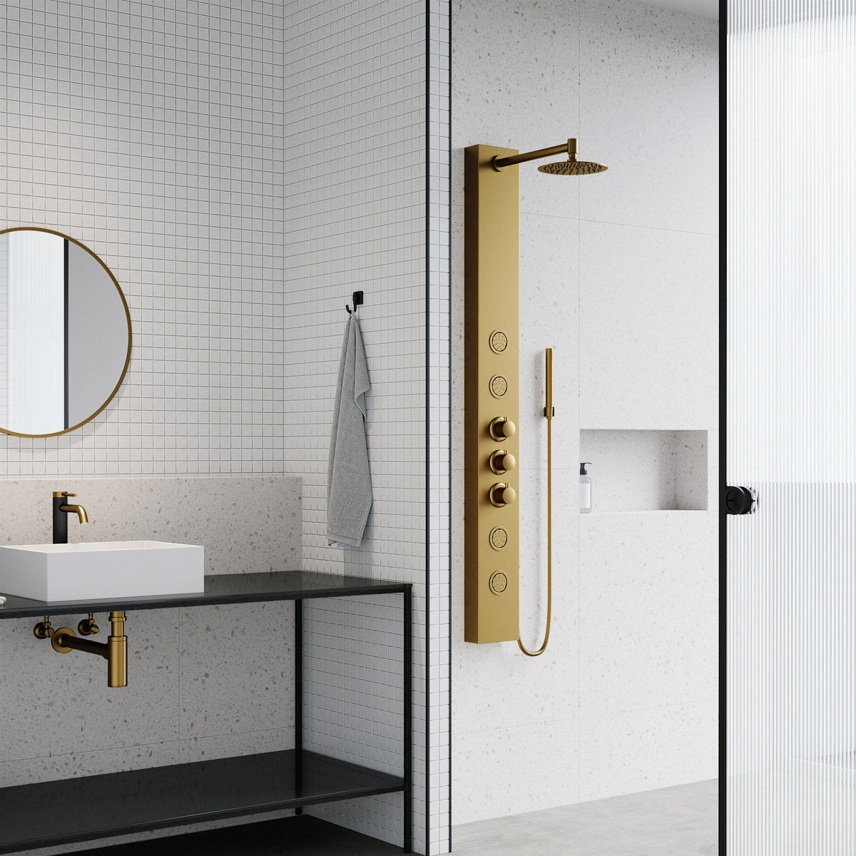 Aluminum shower panel with included mounting hardware and scald guard