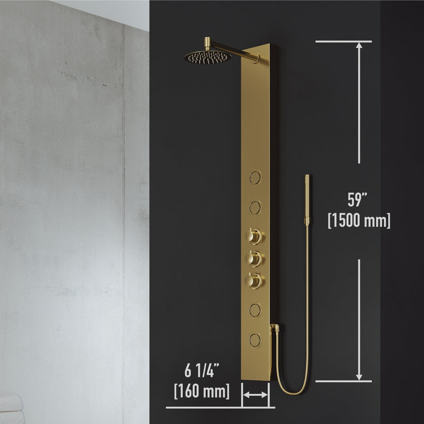 Rectangular shower unit with body spray and corrosion-resistant brass hardware