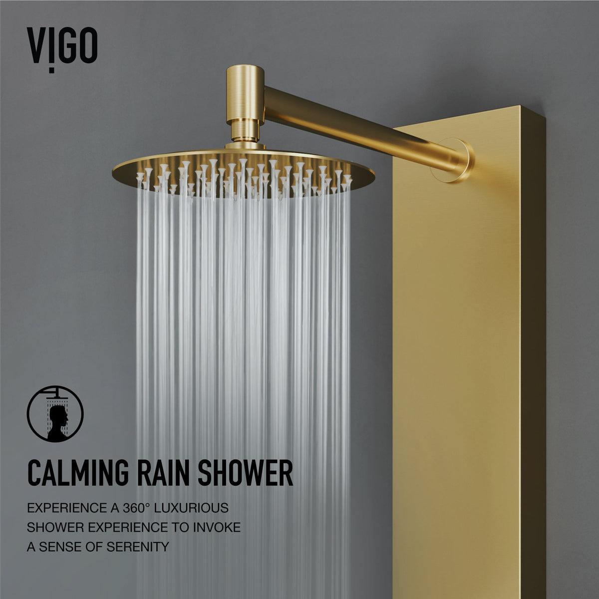 Shower panel with kink-free hose and hot/cold indicators in brushed gold