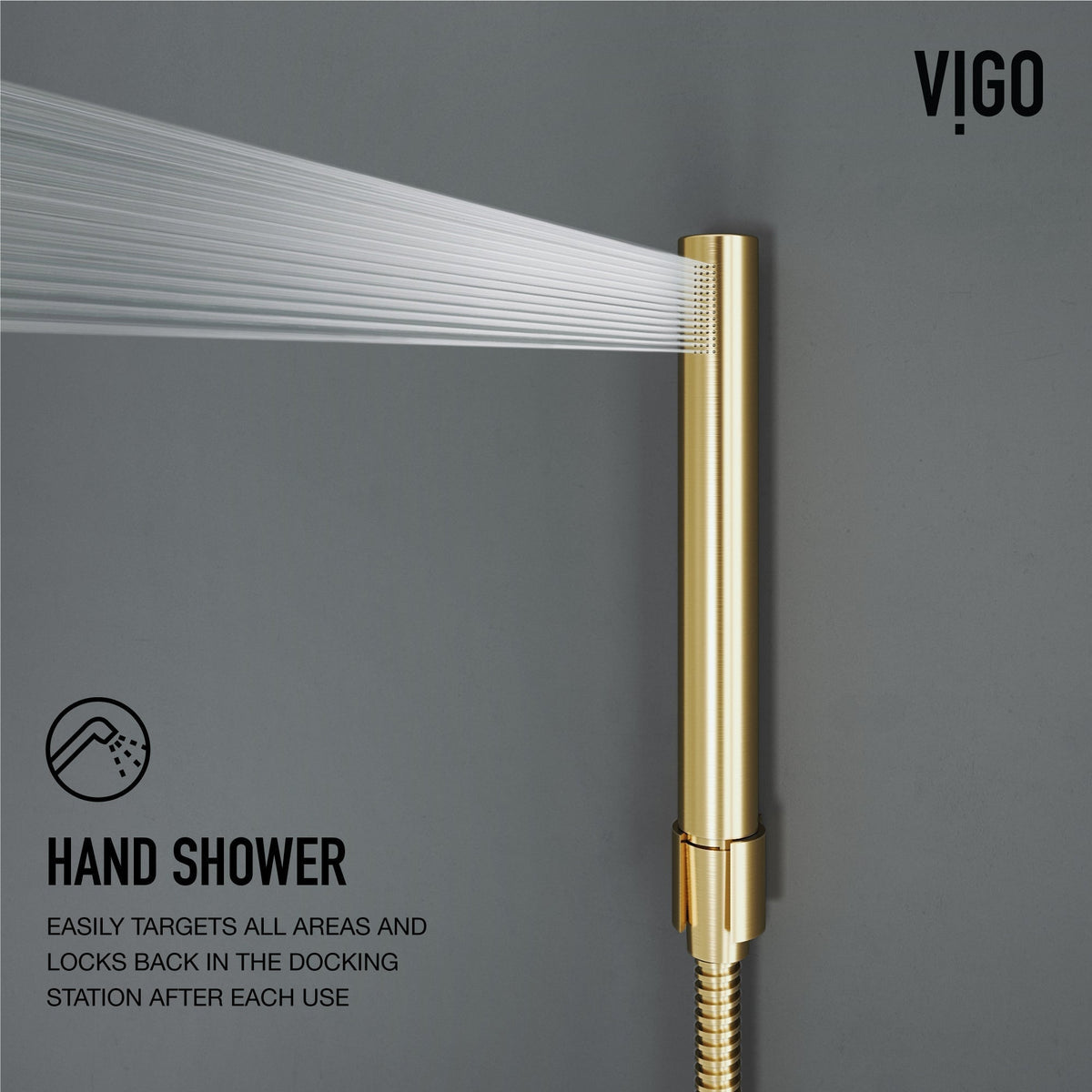 Stainless steel shower head on rectangular panel with brushed gold finish