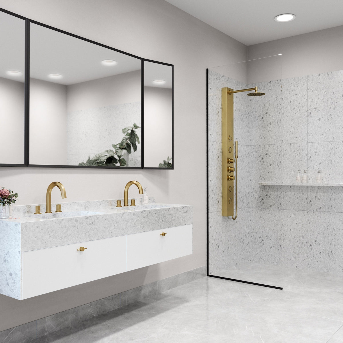 Modern rectangular shower panel with body jets and flexible connections