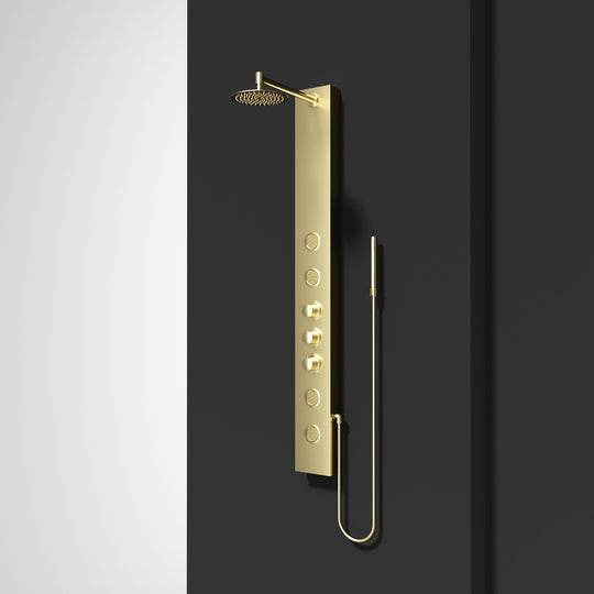 Complete shower panel kit with brass hardware and brushed gold finish