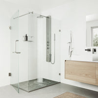 Thermostatic shower panel featuring round stainless steel head and knobs