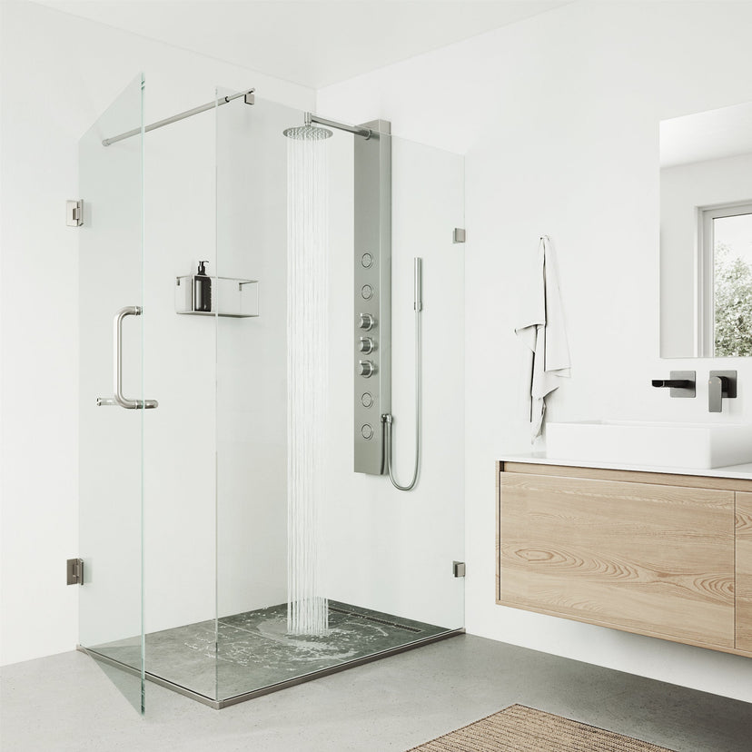 Thermostatic shower panel featuring round stainless steel head and knobs