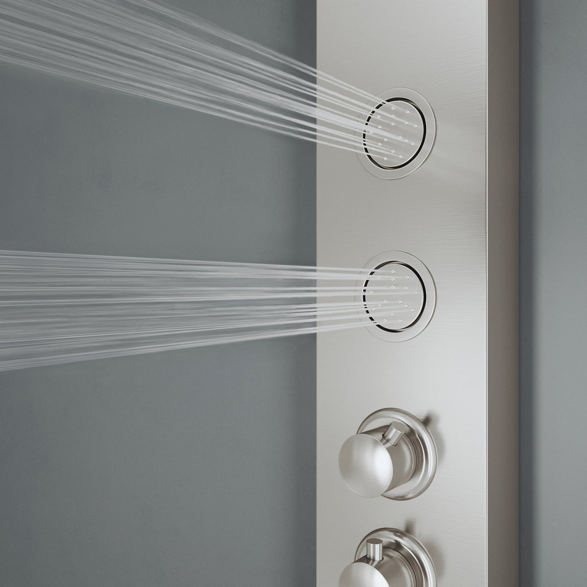 Contemporary shower panel with dual function control and top handle diverter