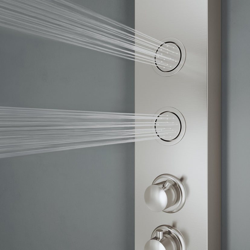 Contemporary shower panel with dual function control and top handle diverter