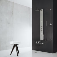 Stainless steel shower head on rectangular panel with matching finish
