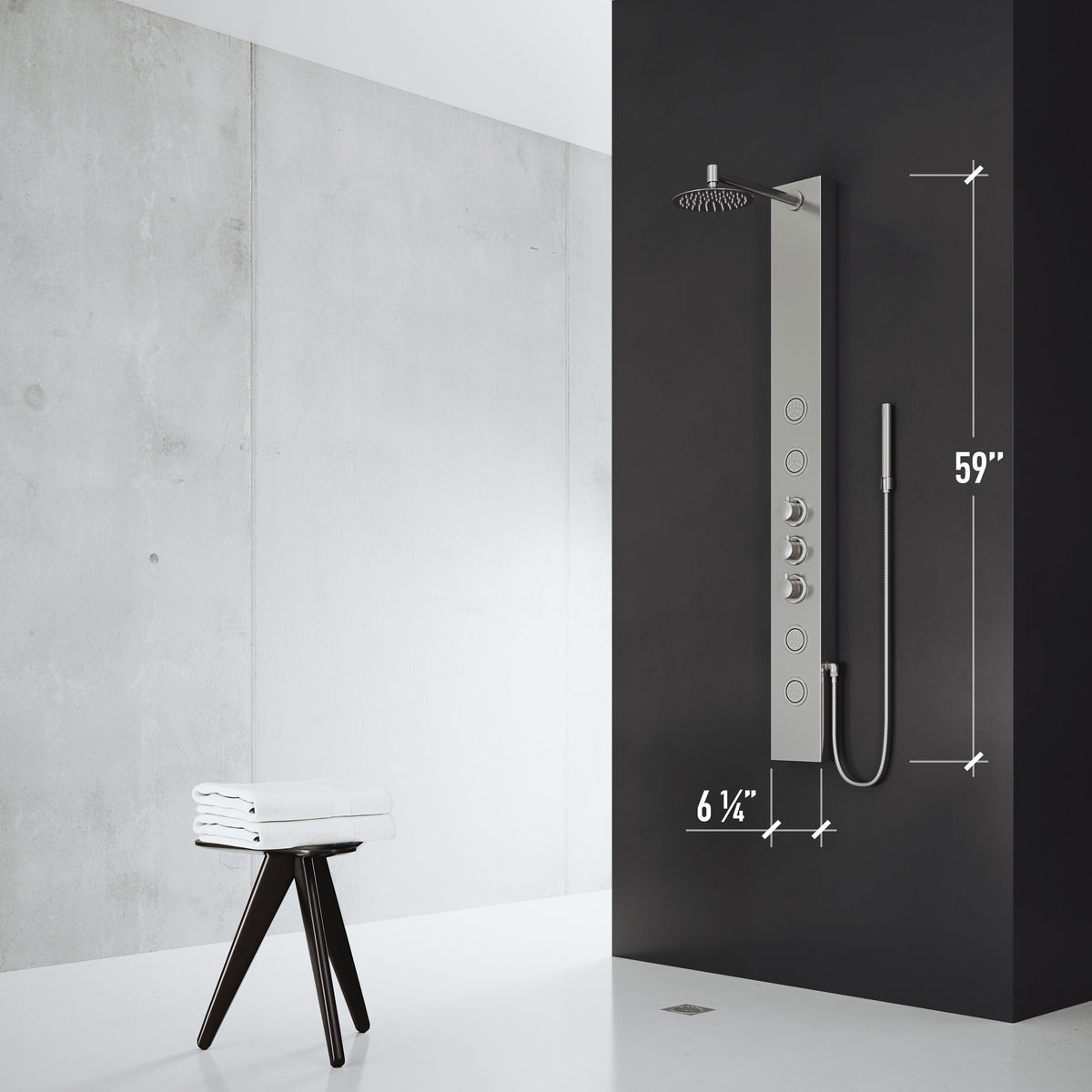 Stainless steel shower head on rectangular panel with matching finish