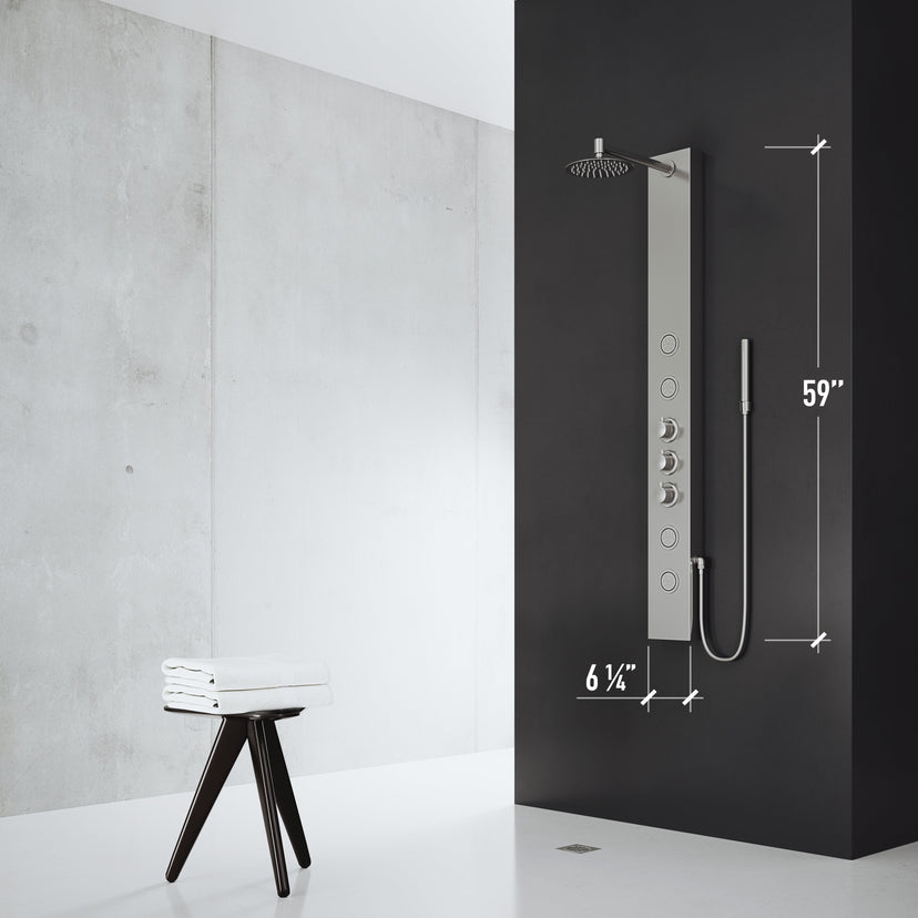 Stainless steel shower head on rectangular panel with matching finish